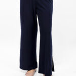 Women’s Navy Blue Straight Palazzo Pants with Silver Side Slit Detail