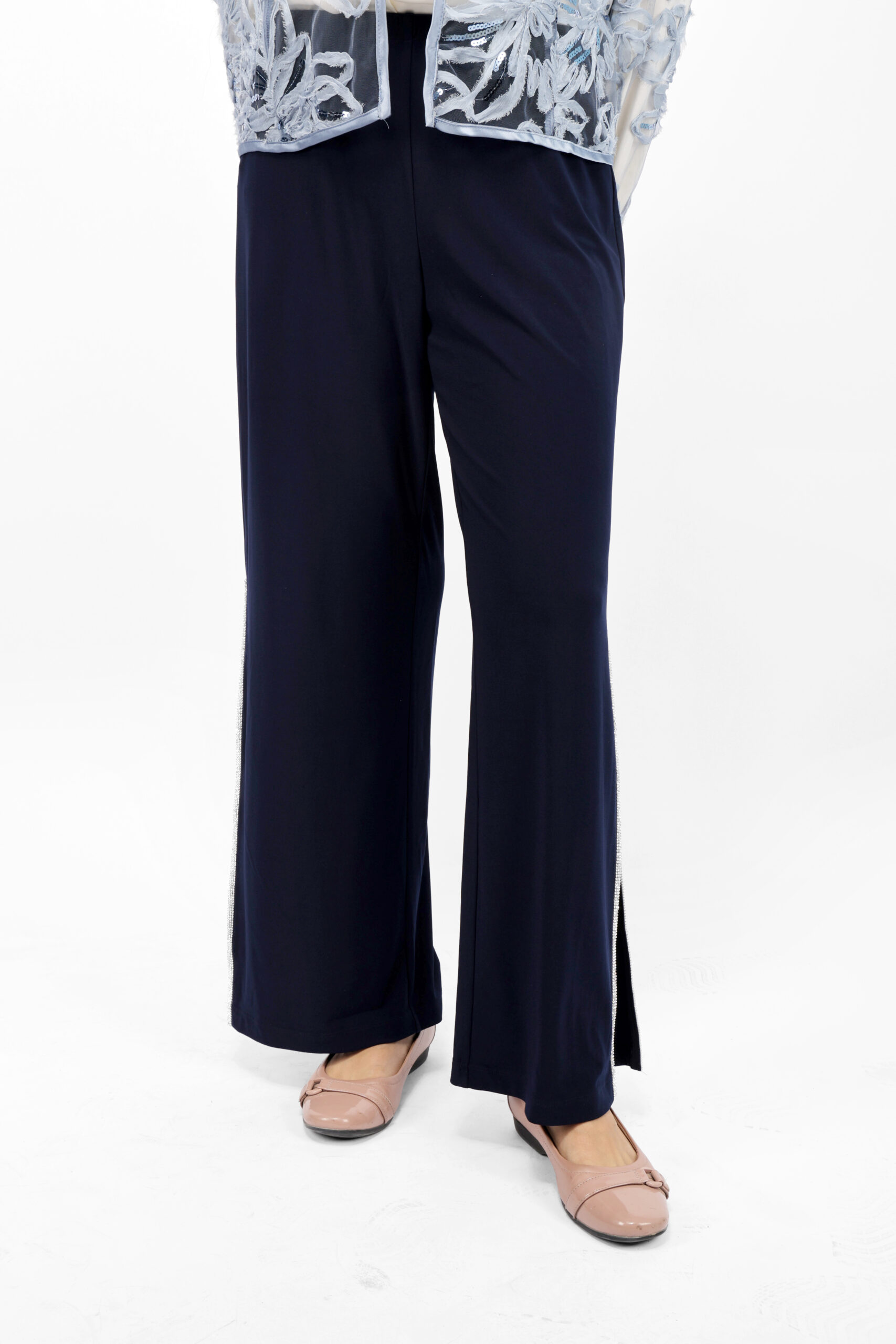 06 (9) Women’s Navy Blue Straight Palazzo Pants with Silver Side Slit Detail - Image 1