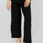Women’s Elegant Black Straight Fit Pants with Rhinestone Side Slit