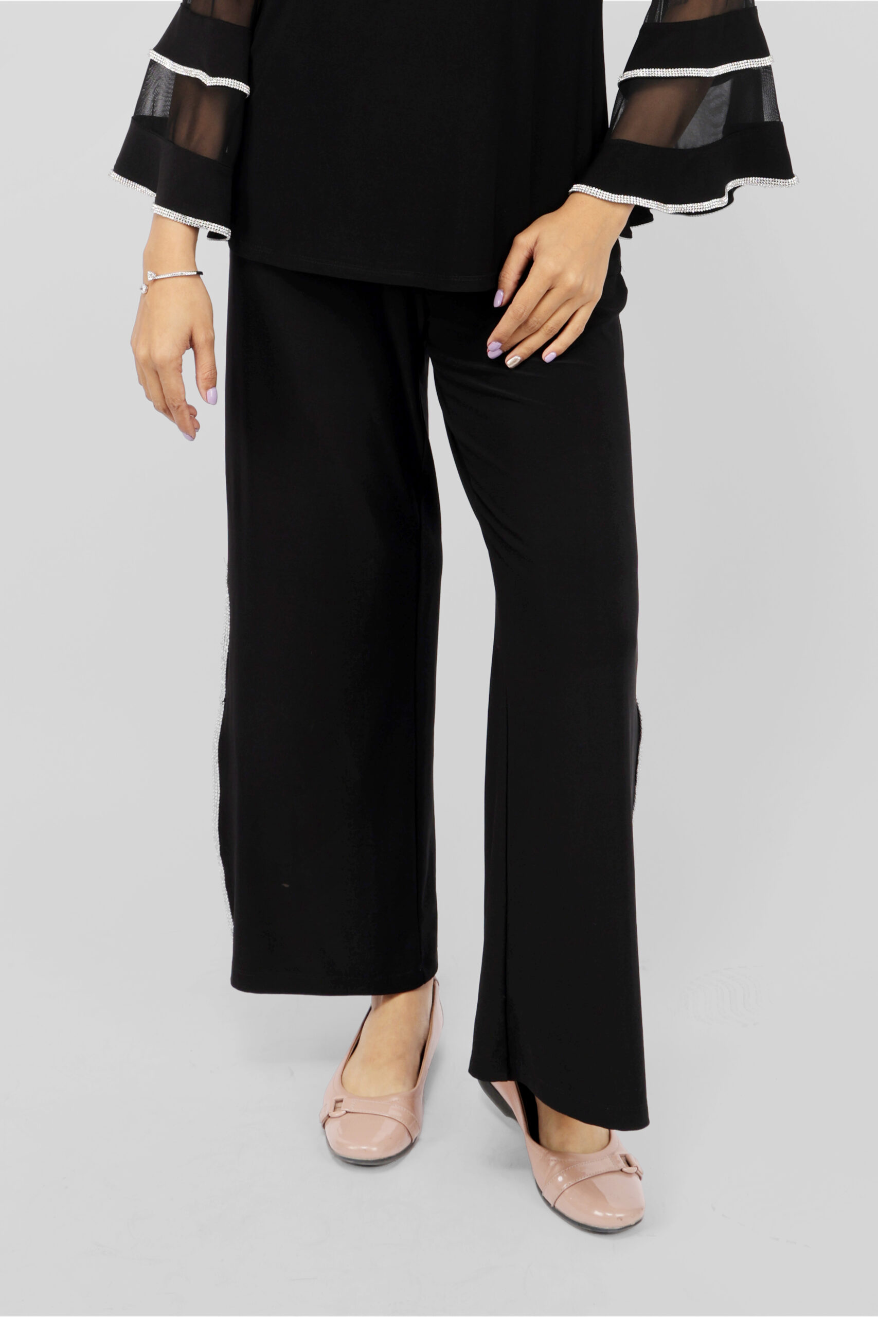 07 (5) Women’s Elegant Black Straight Fit Pants with Rhinestone Side Slit - Image 1