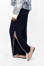 Women’s Navy Blue Straight Palazzo Pants with Silver Side Slit Detail - Image 2