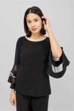 Black Bell Sleeve Co-ord Set with Rhinestone Trim – Elegant Top & Palazzo Set - Image 4