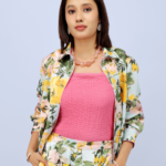 Women’s Sky Blue Floral Printed Satin Shirt Casual Top
