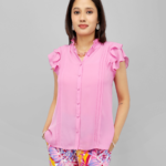 Women’s Peony Pink Ruffle Sleeve Button-Down Top
