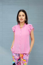 Women’s Peony Pink Ruffle Sleeve Button-Down Top - Image 2