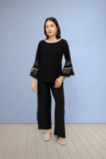 Black Bell Sleeve Co-ord Set with Rhinestone Trim – Elegant Top & Palazzo Set - Image 2