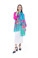 Hand-Painted Iris Floral Silk Scarf Turquoise Blue Luxury Fashion Stole - Image 4