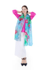 Hand-Painted Anthurium Botanical Silk Chiffon Scarf – Sky Blue Artistic Fashion Stole - Image 2