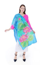 Hand-Painted Lotus Floral Silk Scarf – Sky Blue 2m Elegant Fashion Stole - Image 4