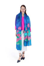 Hand-Painted Water Lily Silk Chiffon Dupatta – Deep Blue 2.5m Elegant Floral Stole - Image 3