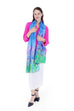 Hand-Painted Iris Floral Silk Stole – Multicolor 2m Elegant Designer Scarf - Image 3