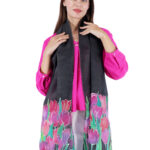 Hand-Painted Red Iris Floral Silk Scarf – Black Elegant Designer Stole