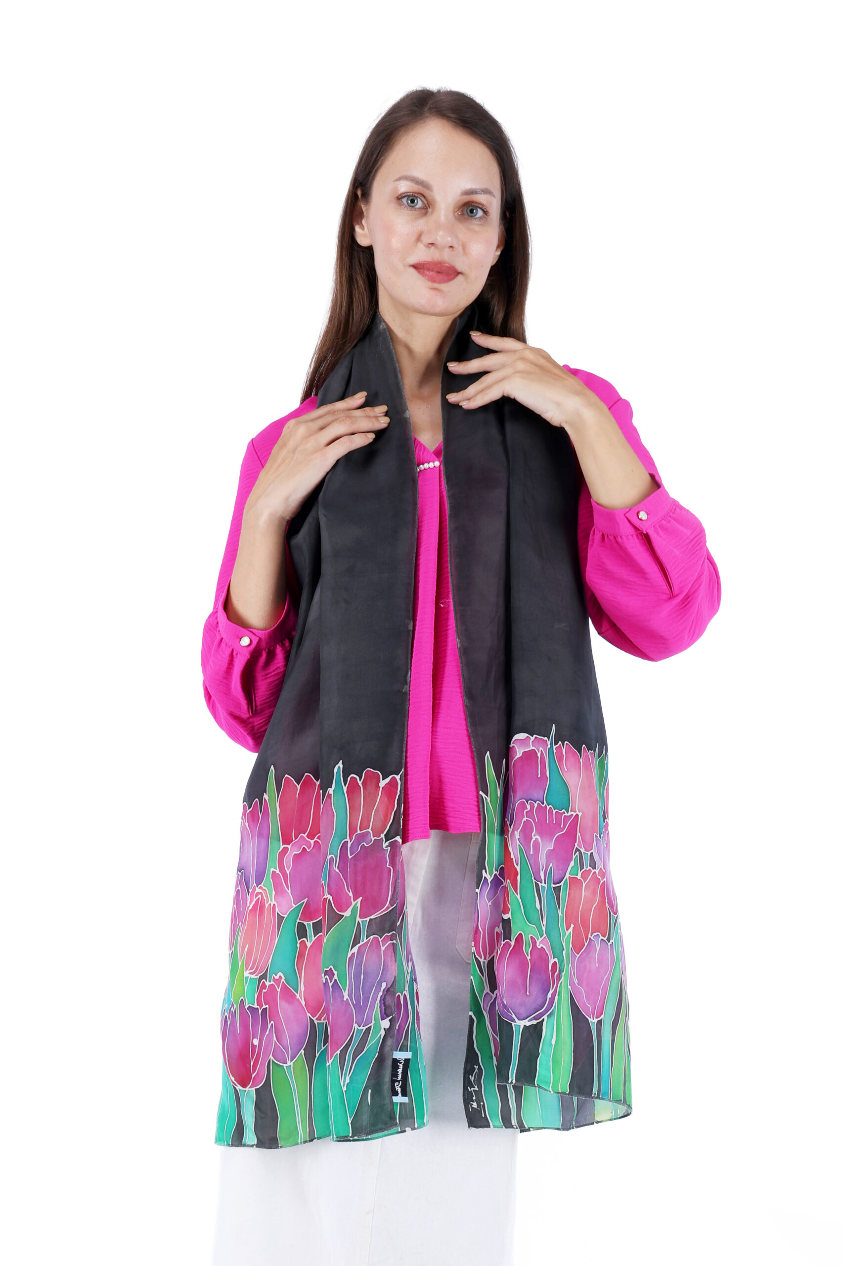 02 Hand-Painted Red Iris Floral Silk Scarf – Black Elegant Designer Stole - Image 1