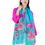 Hand-Painted Iris Floral Silk Scarf Turquoise Blue Luxury Fashion Stole