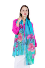 Hand-Painted Iris Floral Silk Scarf Turquoise Blue Luxury Fashion Stole