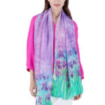 Hand-Painted Iris Silk Chiffon Scarf – Lavender Purple Elegant Floral Stole