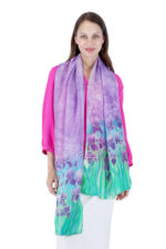Hand-Painted Iris Silk Chiffon Scarf – Lavender Purple Elegant Floral Stole