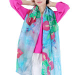 Hand-Painted Anthurium Botanical Silk Chiffon Scarf – Sky Blue Artistic Fashion Stole
