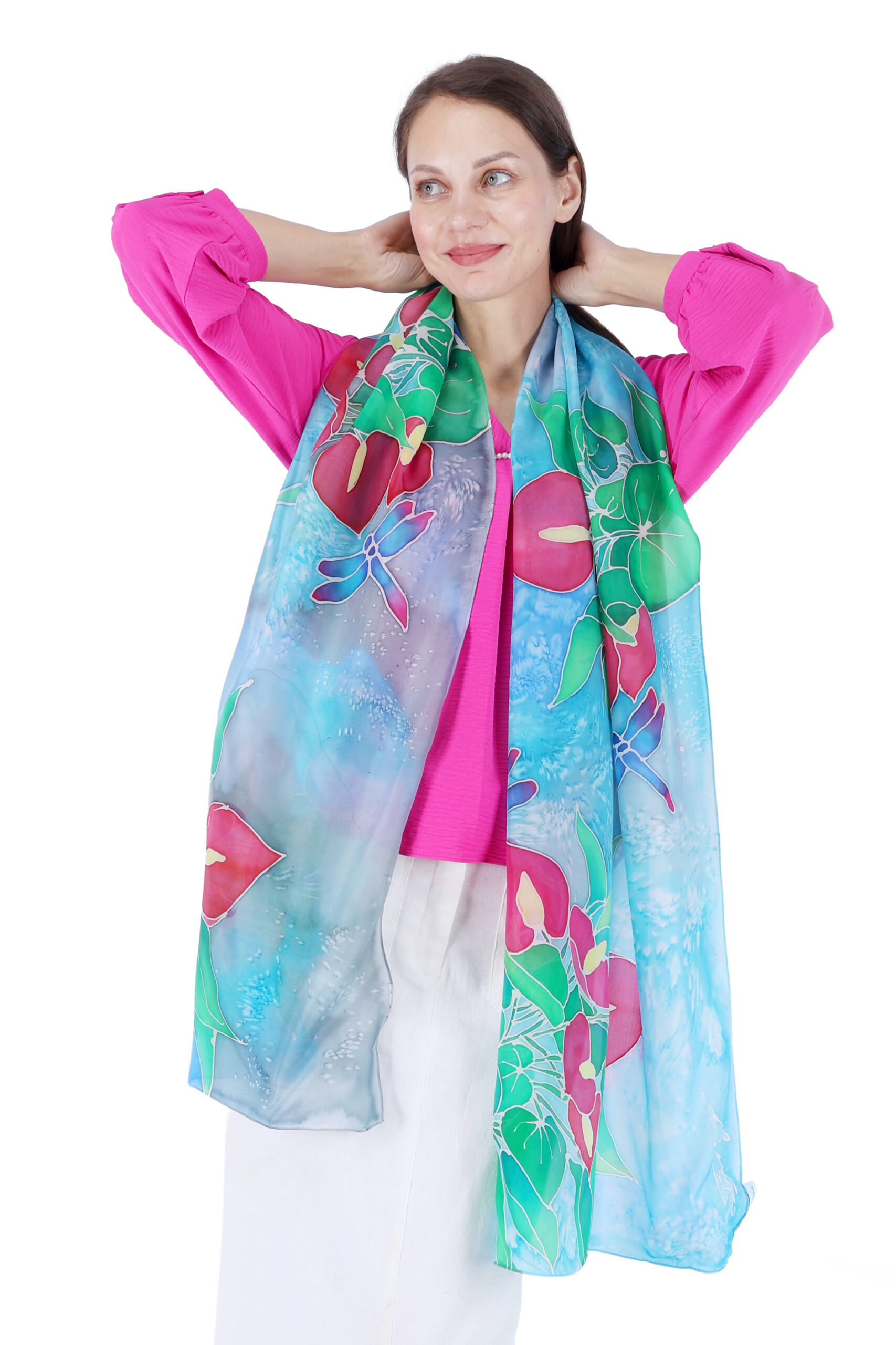 02 Hand-Painted Anthurium Botanical Silk Chiffon Scarf – Sky Blue Artistic Fashion Stole - Image 1