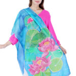 Hand-Painted Lotus Floral Silk Scarf – Sky Blue 2m Elegant Fashion Stole