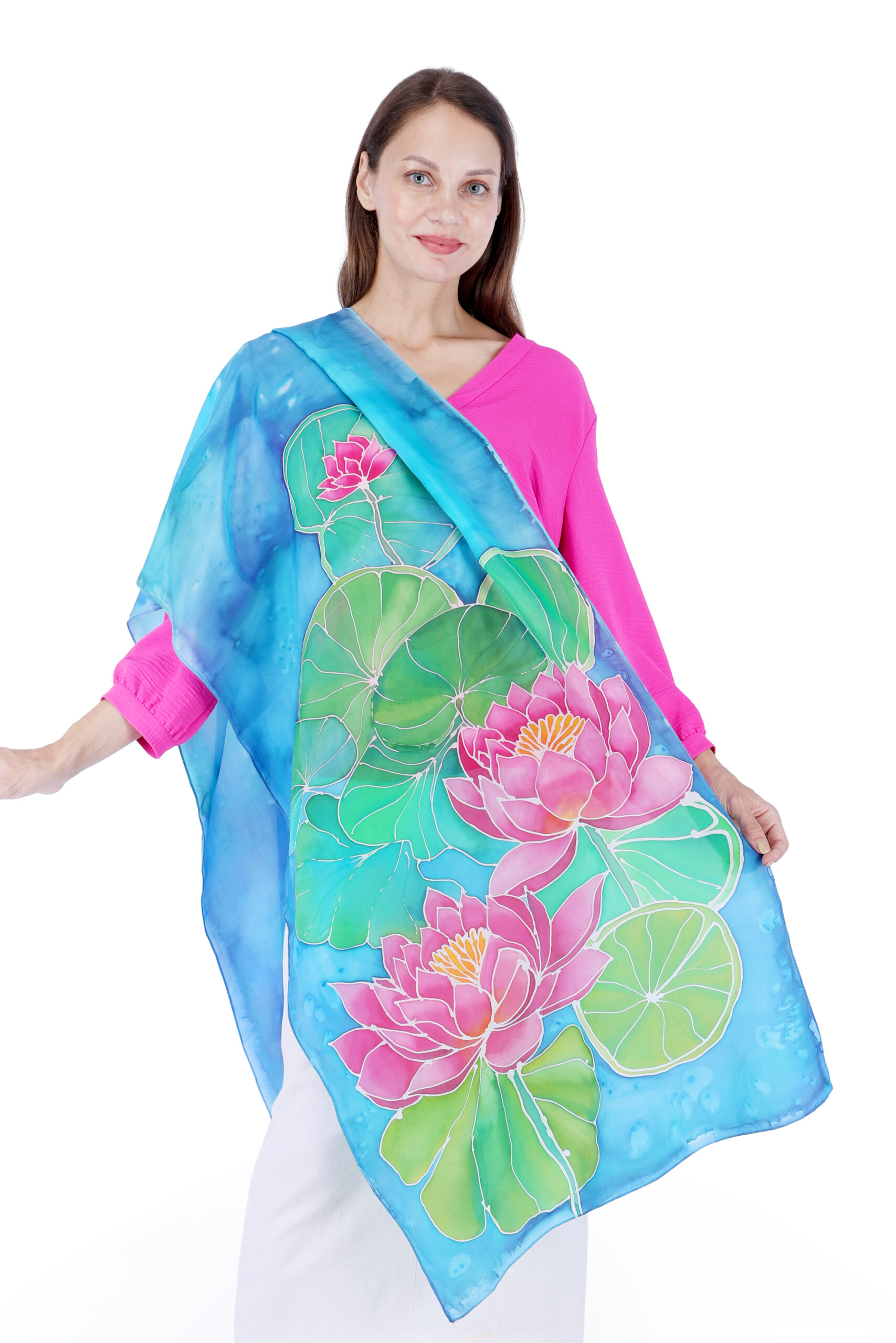02 Hand-Painted Lotus Floral Silk Scarf – Sky Blue 2m Elegant Fashion Stole - Image 1