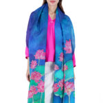 Hand-Painted Water Lily Silk Chiffon Dupatta – Deep Blue 2.5m Elegant Floral Stole