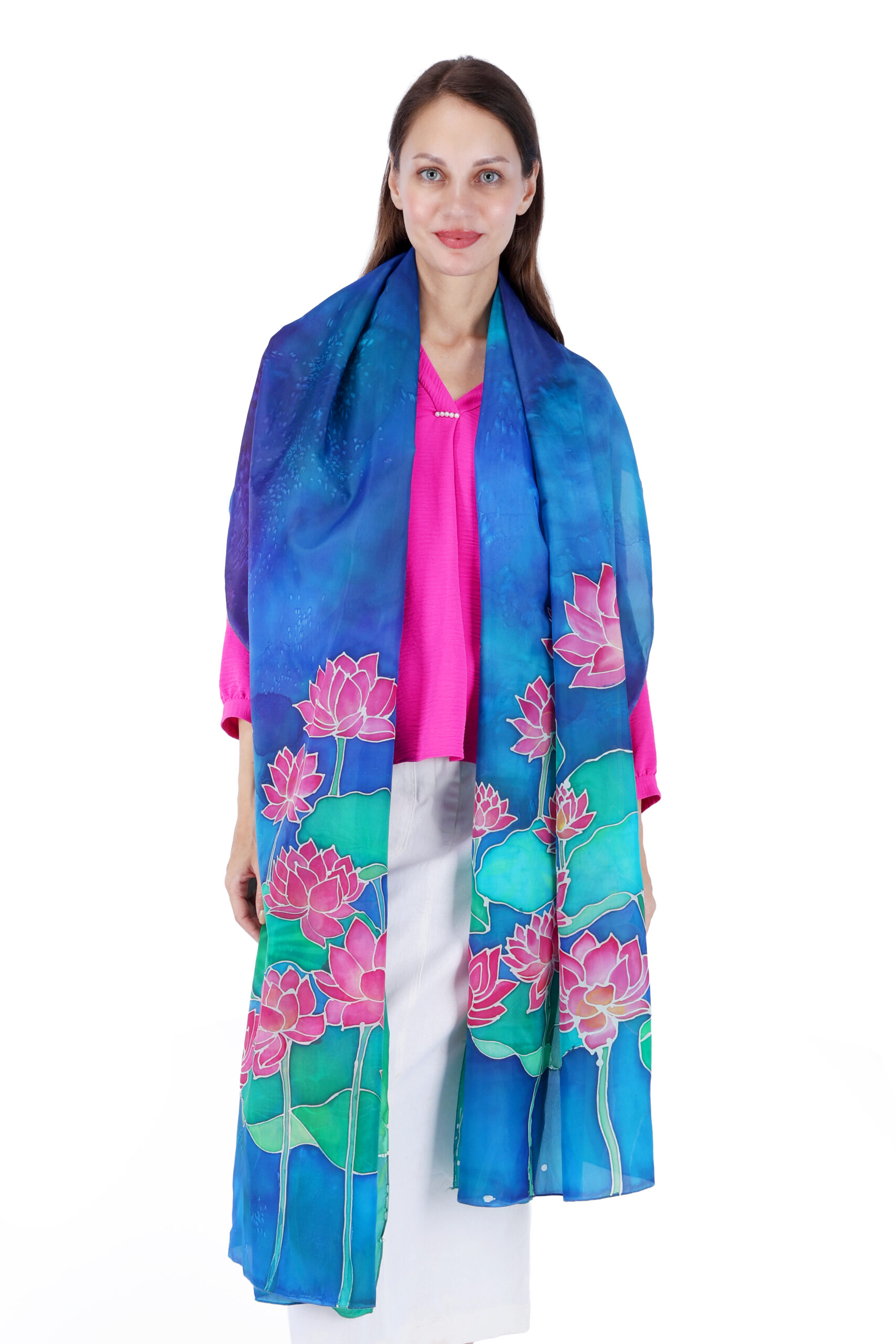 02 Hand-Painted Water Lily Silk Chiffon Dupatta – Deep Blue 2.5m Elegant Floral Stole - Image 1