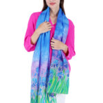 Hand-Painted Iris Floral Silk Stole – Multicolor 2m Elegant Designer Scarf