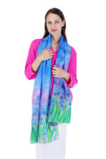 Hand-Painted Iris Floral Silk Stole – Multicolor 2m Elegant Designer Scarf