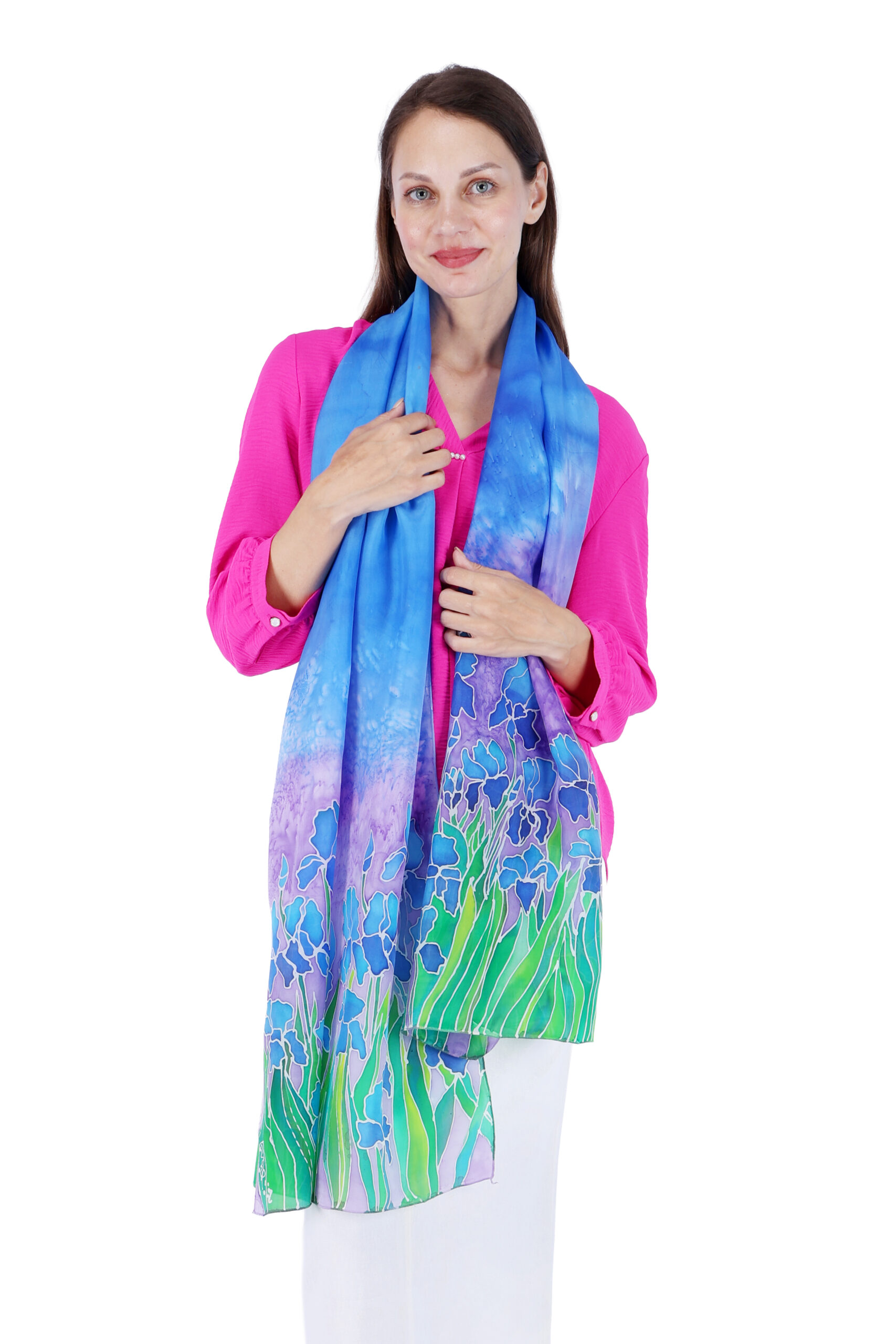 02 Hand-Painted Iris Floral Silk Stole – Multicolor 2m Elegant Designer Scarf - Image 1