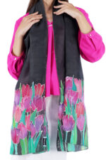 Hand-Painted Red Iris Floral Silk Scarf – Black Elegant Designer Stole - Image 5