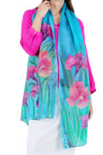 Hand-Painted Iris Floral Silk Scarf Turquoise Blue Luxury Fashion Stole - Image 5