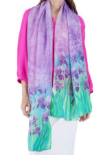 Hand-Painted Iris Silk Chiffon Scarf – Lavender Purple Elegant Floral Stole - Image 2