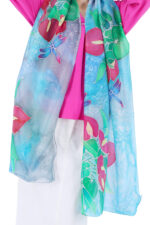 Hand-Painted Anthurium Botanical Silk Chiffon Scarf – Sky Blue Artistic Fashion Stole - Image 3