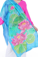 Hand-Painted Lotus Floral Silk Scarf – Sky Blue 2m Elegant Fashion Stole - Image 5