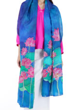 Hand-Painted Water Lily Silk Chiffon Dupatta – Deep Blue 2.5m Elegant Floral Stole - Image 4