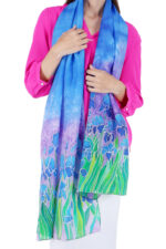 Hand-Painted Iris Floral Silk Stole – Multicolor 2m Elegant Designer Scarf - Image 4