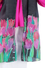 Hand-Painted Red Iris Floral Silk Scarf – Black Elegant Designer Stole - Image 2
