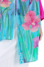 Hand-Painted Iris Floral Silk Scarf Turquoise Blue Luxury Fashion Stole - Image 2