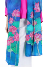 Hand-Painted Water Lily Silk Chiffon Dupatta – Deep Blue 2.5m Elegant Floral Stole - Image 5