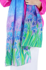 Hand-Painted Iris Floral Silk Stole – Multicolor 2m Elegant Designer Scarf - Image 5