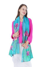 Hand-Painted Iris Floral Silk Scarf Turquoise Blue Luxury Fashion Stole - Image 3