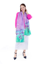 Hand-Painted Iris Silk Chiffon Scarf – Lavender Purple Elegant Floral Stole - Image 4