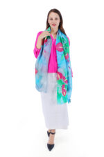 Hand-Painted Anthurium Botanical Silk Chiffon Scarf – Sky Blue Artistic Fashion Stole - Image 5