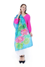 Hand-Painted Lotus Floral Silk Scarf – Sky Blue 2m Elegant Fashion Stole - Image 3