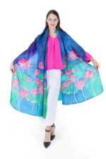 Hand-Painted Water Lily Silk Chiffon Dupatta – Deep Blue 2.5m Elegant Floral Stole - Image 2