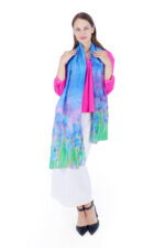 Hand-Painted Iris Floral Silk Stole – Multicolor 2m Elegant Designer Scarf - Image 2