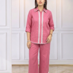 Women’s Solid Cotton Linen Long Top & Straight Palazzo Co-ord Salmon Pink