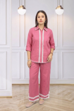 Women’s Solid Cotton Linen Long Top & Straight Palazzo Co-ord Salmon Pink