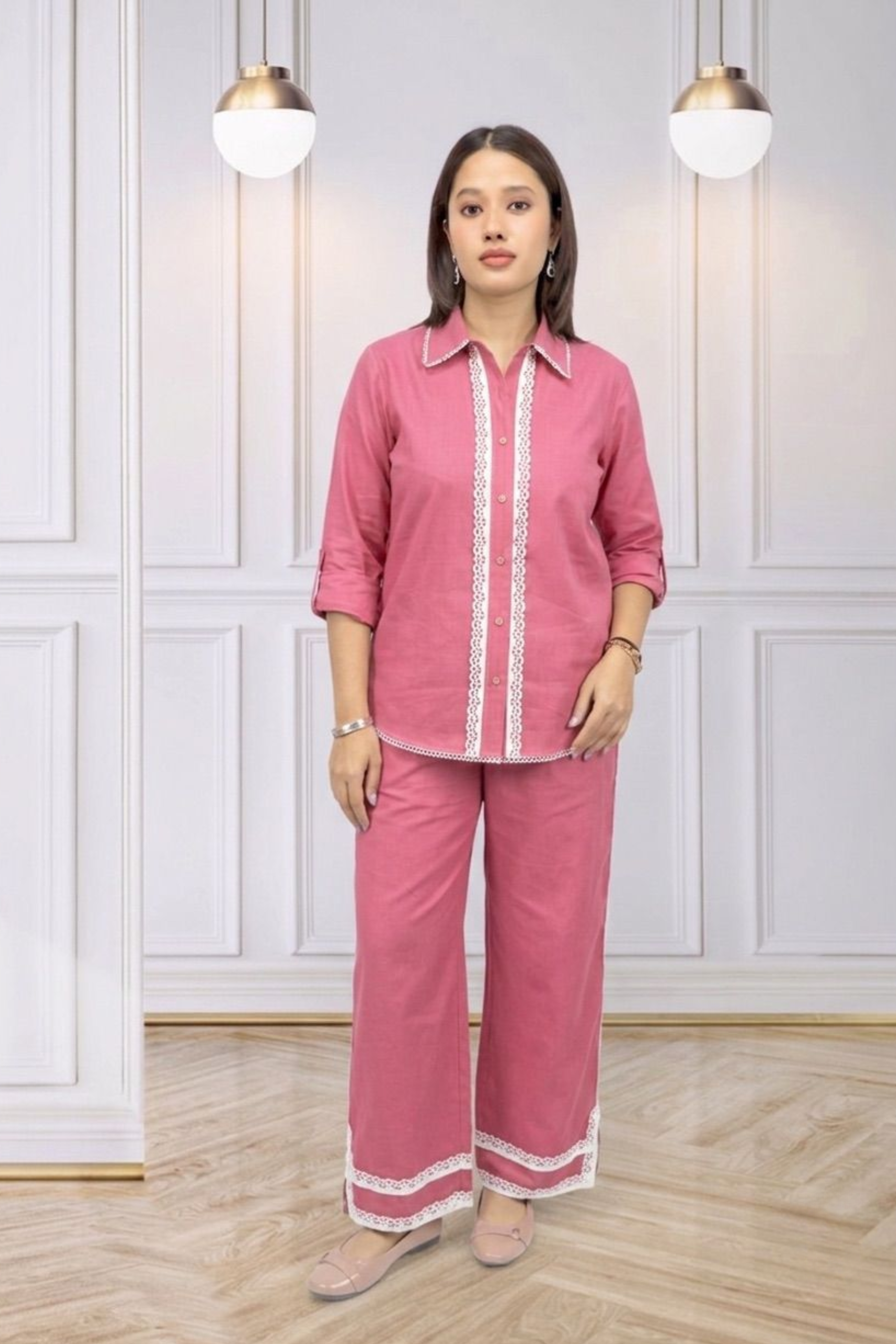 co-ord Women’s Solid Cotton Linen Long Top & Straight Palazzo Co-ord Salmon Pink - Image 1